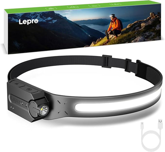 Lepro Headlamp - Super Bright LED Head Lamp Rechargeable with 230°Wide Beam, Adjustable Spotlight, Motion Sensor, 5 Modes, Waterproof Lightweight Headlight Flashlight for Camping Running