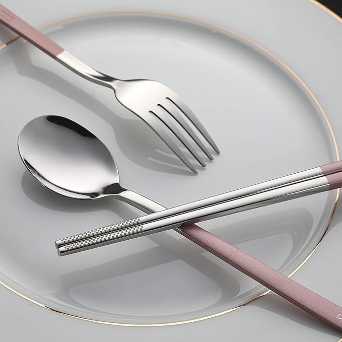 DEVICO Travel Utensils, 18/8 Stainless Steel 4pcs Cutlery Set Portable Camp Reusable Flatware Silverware, Include Fork Spoon Chopsticks with Case (Pink)
