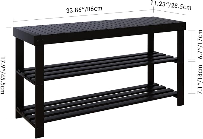 SMIBUY Bamboo Shoe Rack Bench, 3-Tier Shoe Organizer Storage Shelf for Entryway Hallway Bathroom Living Room (Black)