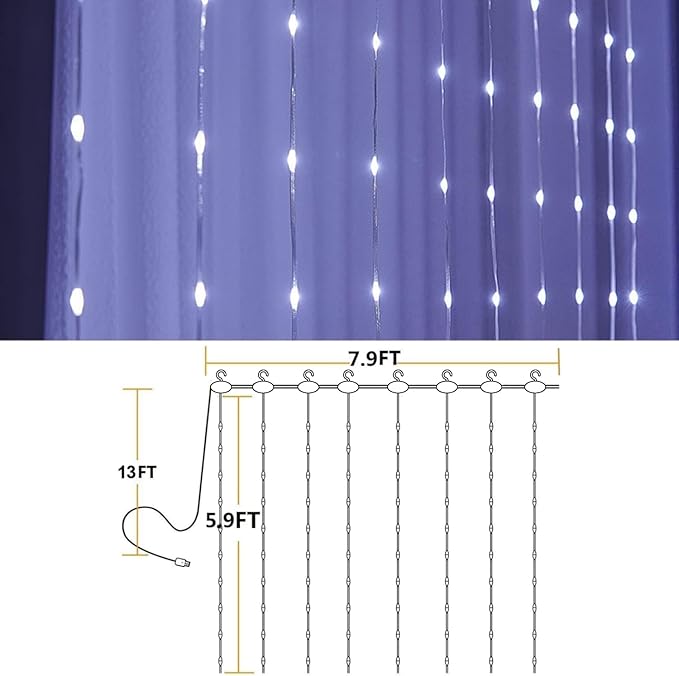 White Curtain Lights for Bedroom,7.9Ftx5.9Ft 144 LED Waterproof USB Powered Twinkle String Lights Wall Copper Fairy Lights with Control & 8 Modes for Room Window Halloween Decorations