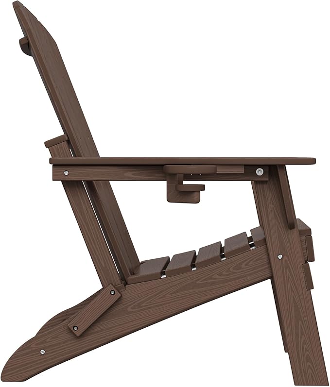 Folding Adirondack Chair Set of 4, Cup Holder，Wooden Textured ，Heavy All-Weather HDPE Comfortable Set Poolside Backyard Lawn Coffee