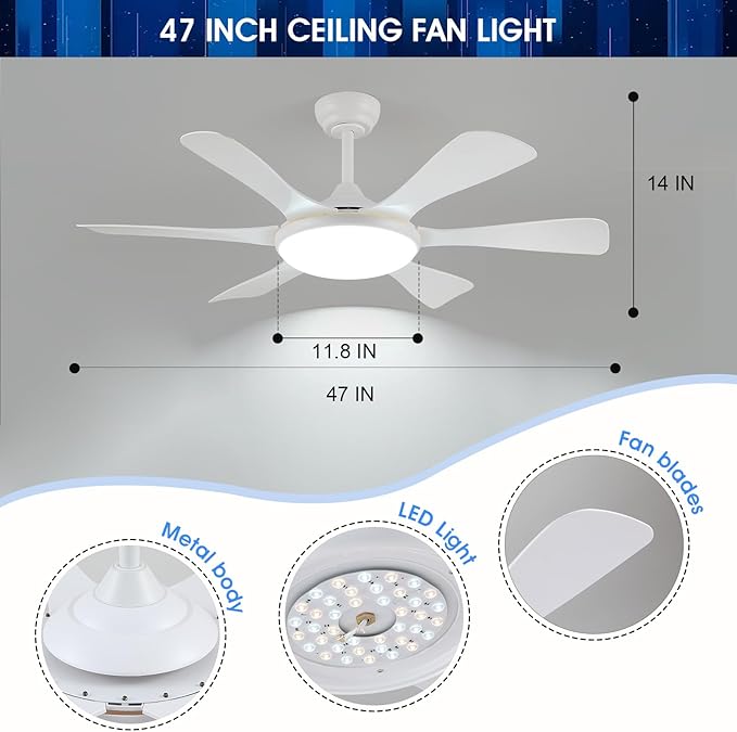 Ceiling Fans with Lights-47 Low Profile Ceiling Fan with Light and Remote/APP Control,Flush Mount,DC Reversible,LED Dimmable Ceiling Fans for Bedroom,Indoor/Outdoor Patio Use(White)