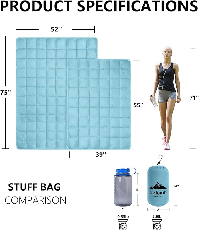 zzlamb Camping Blanket, Compact Lightweight Soft Puffy Blanket Water-Repellent, Packable Warm Quilt Down Alternative Picnic Hiking Backpacking Beach Travel RV Airplane Couch Car