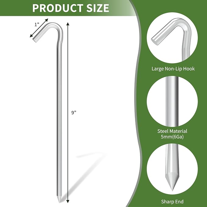 Tent Stakes 9 Inch, Tent Stakes Metal, Heavy Duty Tarp Camping Stakes, Metal Stakes for Inflatables Outdoor Decorations, 8 Pack
