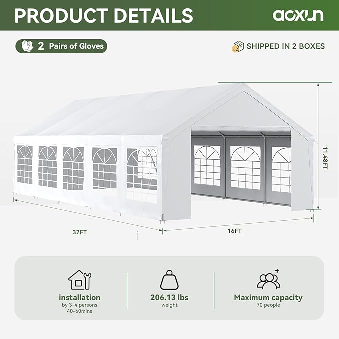 Aoxun 32x16 Party Tent Canopy for Weddings Waterproof Event Tent with Removable Sidewalls &Roll-up Door, Heavy-Duty Steel Frame for Outdoor Weddings, BBQ, Birthday Parties, & Camping,White