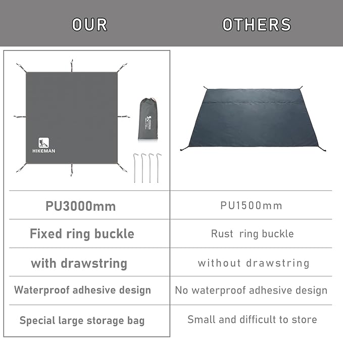 Hikeman Tent Footprint - Waterproof Camping Tarp, Heavy Duty Tent Floor Saver, Ultralight Ground Sheet Mat for Hiking, Backpacking, Hammock, Beach - Storage Bag Included(PU3000mm,180 * 210CM)