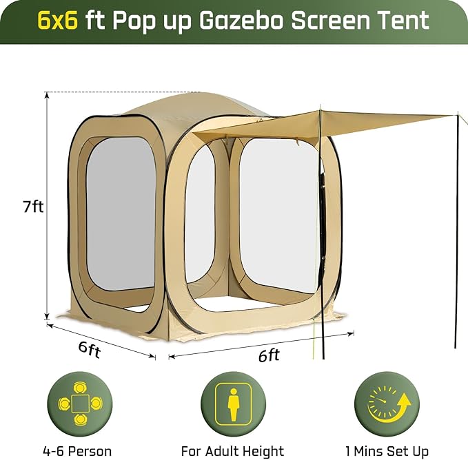 6x6 FT Pop Up Screen House Tent - Instant Screened Gazebo Canopy with Mosquito Net, Portable Backyard Tent for 4-6 People, Easy Setup Patio Shelter for Camping, BBQ, Sports & Outdoor