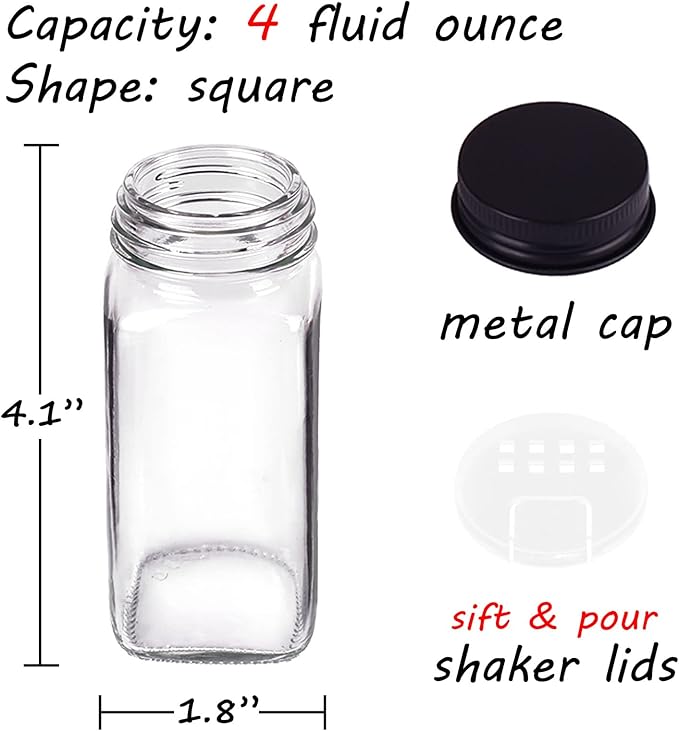 Churboro 66 Spice Jars with 547 Labels- Glass Spice Jars with Black Metal Caps, 4oz Empty Spice Containers with Shaker Lids, Funnel, Chalk Pen, Square Seasoning Bottles for Spice Rack, Drawer, Cabinet
