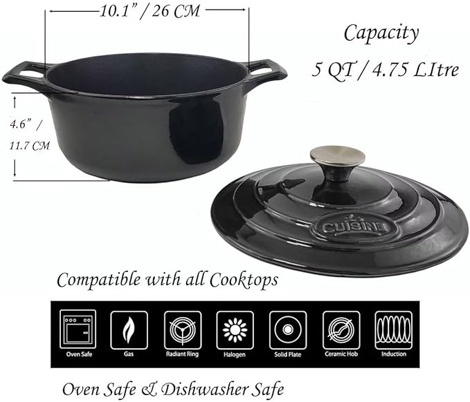 La Cuisine Enameled Cast Iron Dutch Oven Casserole dish pot with lid - 4.75 Litre 26cm Dia. Matte Black Enamel Coating Interior, Glossy Black Enamel Coating Exterior Oven-Safe