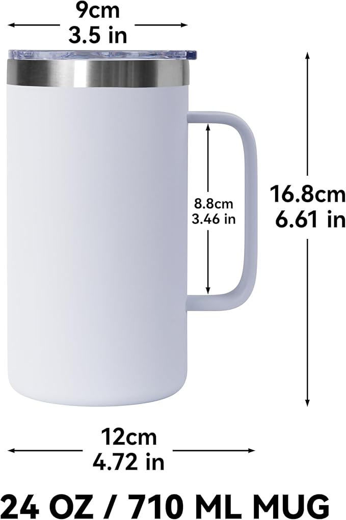 DOMICARE 24oz Mug with Handle and Lid, Stainless Steel Coffee Mug, Travel Mug with Handle, Double Wall Vacuum Coffee Tumbler, Reusable Insulated Cup, White, Pack 4