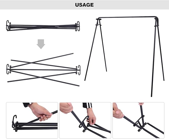 REDCAMP Swing Outdoor Campfire Grill Stand - Collapsible Campfire Cooking Rack with 6 Hooks & Iron Grill Grate, Portable Dutch Oven Hanger for Camping, Hiking, Cookware, Bonfire, Rectangle