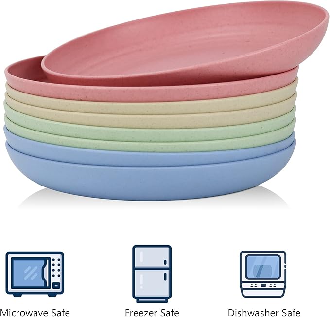 Homienly Deep Wheat Straw Dinner Plates Set of 8, Alternative to Plastic - Microwave & Dishwasher Safe, Unbreakable Kids Plates with 4 Colors (Fresh Light, 10 inch)