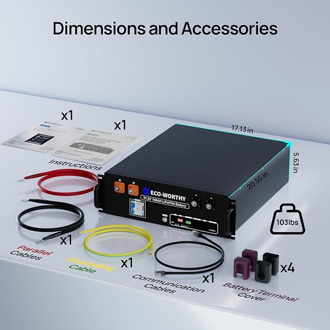 ECO-WORTHY 48V 100Ah LiFePO4 Lithium Battery Version 3, 5.12kWh Capacity, Server Rack Battery with Bluetooth, 6000 Cycles, Perfect for Off-Grid, Solar, Backup Power