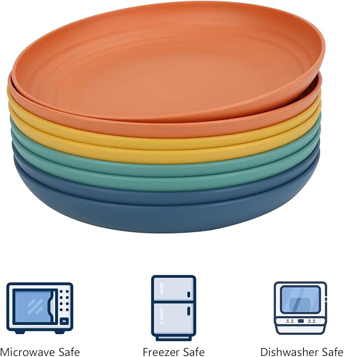 Homienly Deep Dinner Plates Set of 8 Alternative for Plastic Microwave and Dishwasher Safe Wheat Straw Kitchen Unbreakable Kids with 4 Colors (Colorful, 11 inch) (Deep plates-8)