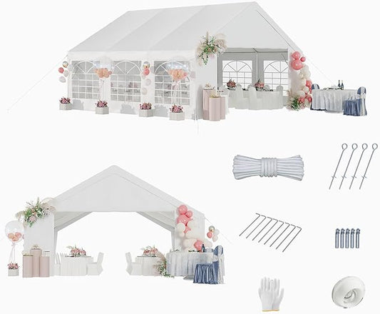 Aoxun 20x20 Party Tent Canopy for Weddings Waterproof Event Tent with Removable Sidewalls &Roll-up Door, Heavy-Duty Steel Frame for Outdoor Weddings, BBQ, Birthday Parties, & Camping,White
