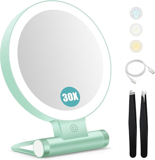 B Beauty Planet Magnifying Mirror with Light 30X, Double-Sided 1X/30X Magnifying Makeup Mirror with Tweezer, 2000mAh 3 Colour Modes with Adjustable Brightness,Foldable Travel Mirror(Mint Green)