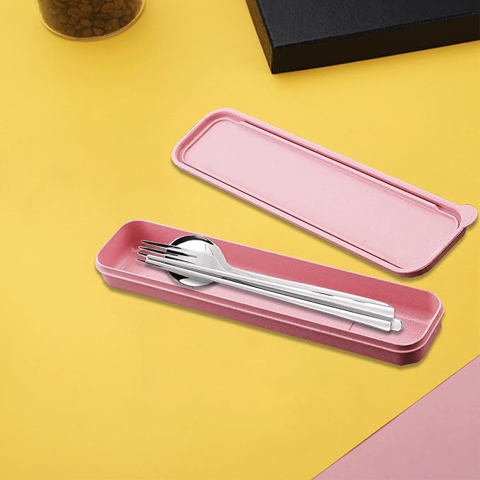 1Pcs Simple Utensil Holder with Lid, Reusable Utensils Wheat Straw Travel Cutlery Box，Portable Flatware Box Travel Tableware Storage Case, Simple Tableware Storage Box Case for Cutlery Kit (Pink)