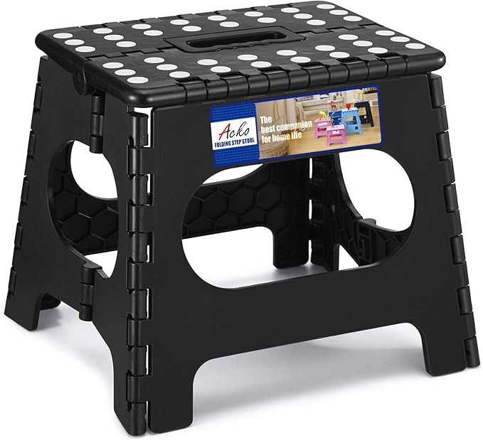 ACKO Folding Step Stool Foldable Step Stools for Kids, 11 Inch Foot Stool Black Plastic Step Stool with Portable Handle Small Stool Hold up to 300lbs for Bathroom, Kitchen 1PC