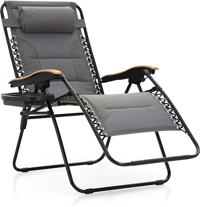 MFSTUDIO Zero Gravity Chairs, Oversized Patio Recliner Chair, Padded Folding Lawn Chair with Cup Holder Tray, Support 400lbs, Light Grey
