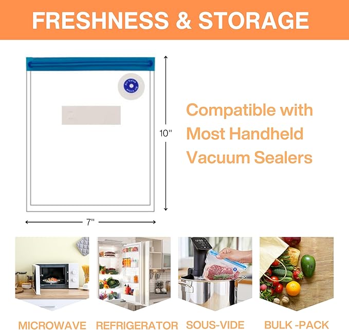 Vacuum Zipper Bags - Space-Saving Food Storage Bags for Vacuum Sealing, Reusable & BPA-Free, Ideal for Travel and Camping, Keeps Food Fresh (7" x 10" 10 count)