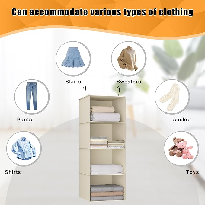 Hanging Closet Organizer, Easy Mount Foldable 4-Shelf Hanging Closet Wardrobe Storage Shelves, Clothes Handbag Shoes Accessories Storage, Washable Oxford Cloth Fabric, Beige