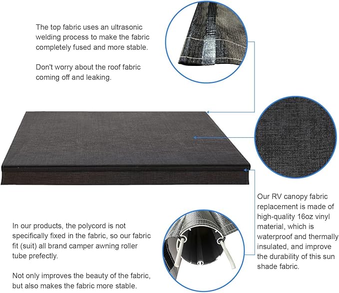 AWNLUX-RV Awning Fabric Replacement - Heavy Duty Weatherproof 4-Ply Vinyl Camper Awning Fabric - Universal Outdoor Canopy for Camper, Trailer, and Motorhome Awnings - Solid Black - 17' (Fabric 16'2")