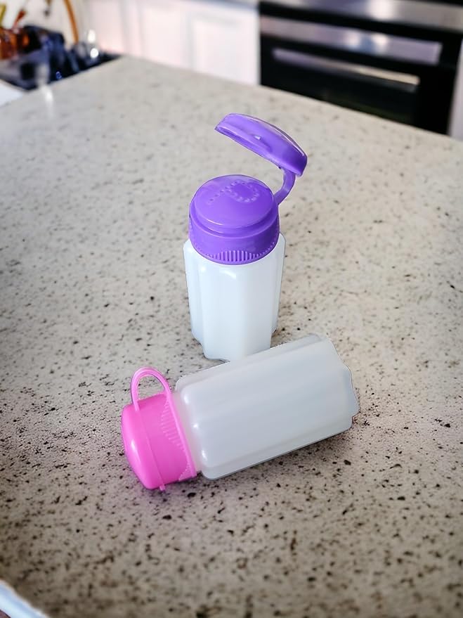 Spill-Proof Flip-Lid Mini Salt & Pepper Shakers | Compact Durable Plastic Travel Spice Dispenser Set for Lunch Bags, Camping & Outdoor Cooking | Pink and Purple (3 Pair)