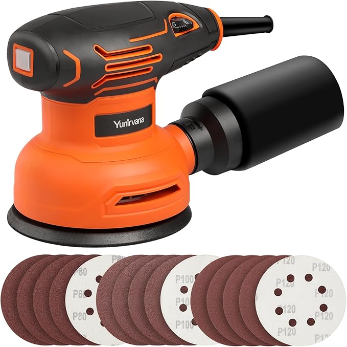 5-Inch Orbital Sander, 2.5 Amp Motor, 15 Pcs Sanding Disc Set, 6-Speed Control (6000-12000 OPM), Efficient Dust Collection for Superior Sanding and Polishing