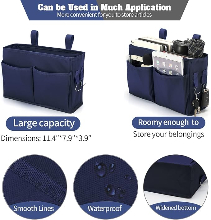 Bunk Bed Organizer, Bedside Caddy Hanging Bed Organizer Storage Bag with 4 Pockets and 2 Hooks, for College Dorm Rooms Bed, Hospital Bed, Baby Bed Rails, 600D Oxford Cloth (Navy Blue)