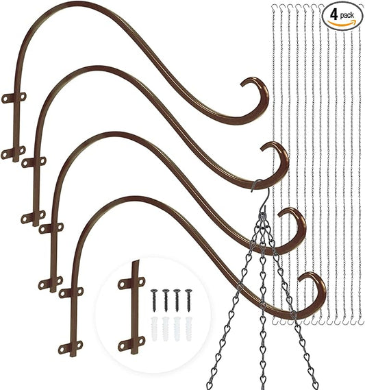 Plant Hangers Outdoor, 4 Pack 16 Inch Plant Hooks for Wall Metal Plants Hanging Bracket for Bird Feeder, Flower Baskets, Wind Chimes, Lanterns, Indoor Outdoor, Bronze