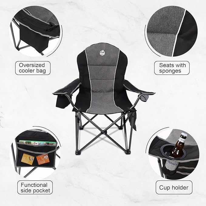 Northroad Oversized Portable Camping Chair, Full Padded Outdoor Folding Chair Support 350 LBS, Heavy Duty Lawn Chair with Cup Holder, Cooler Bag, Lumbar Support, Head Pocket for Adult-Black