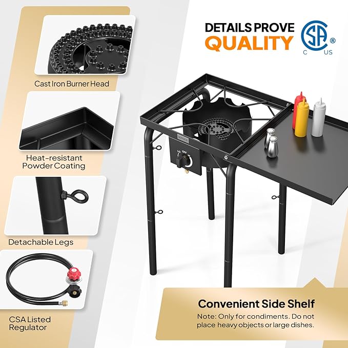 ROVSUN Single Burner Gas Stove with Side Shelf, 100,000BTU Portable Propane Stove with Removable Leg & Regulator for Camping Home Backyard Outdoor Cooking Brewing Canning Turkey Frying