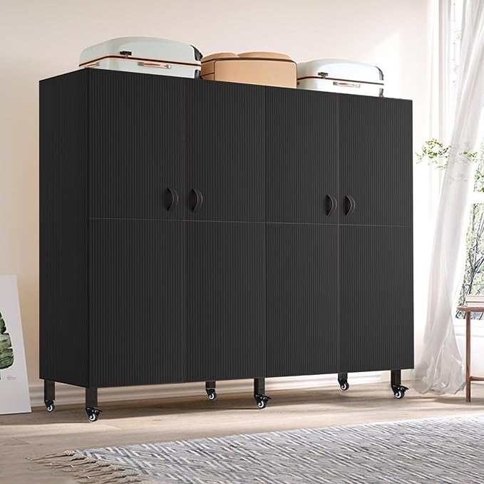 FPIGSHS Heavy Duty Clothes Rack with Magnetic Door 2000LBS Foldable Portable Wardrobe Closet for Hanging Clothing Rolling Garment Rack on Wheels for Bedroom Closet System (A（Black Door）, 41.3in)