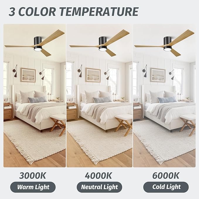 60 Inch Low Profile Ceiling Fan with Light, Ceiling Fans with Lights and Remote, 3 Walnut Solid Wood Blade Dimmable 8H Timer 6-Speed Reversible Motor for Living Room Farmhouse Patio