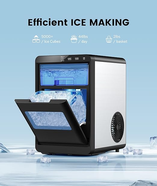 Ice Maker Countertop, Chewable Pellet Ice Machine with Handle, 44lbs Per Day Portable Ice Makers, Auto-Cleaning Ice Machine with Basket and Scoop for Home/Party/RV/Camping (Silver)