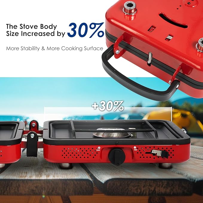 2 Burner Camping Stove with Carrying Bag, Foldable Propane Camp Stove with 17,200 BTU for Camping, Outdoor Cooking, Portable Gas Stove with Adjustable Burner for Tailgating, Backyard BBQ,Red