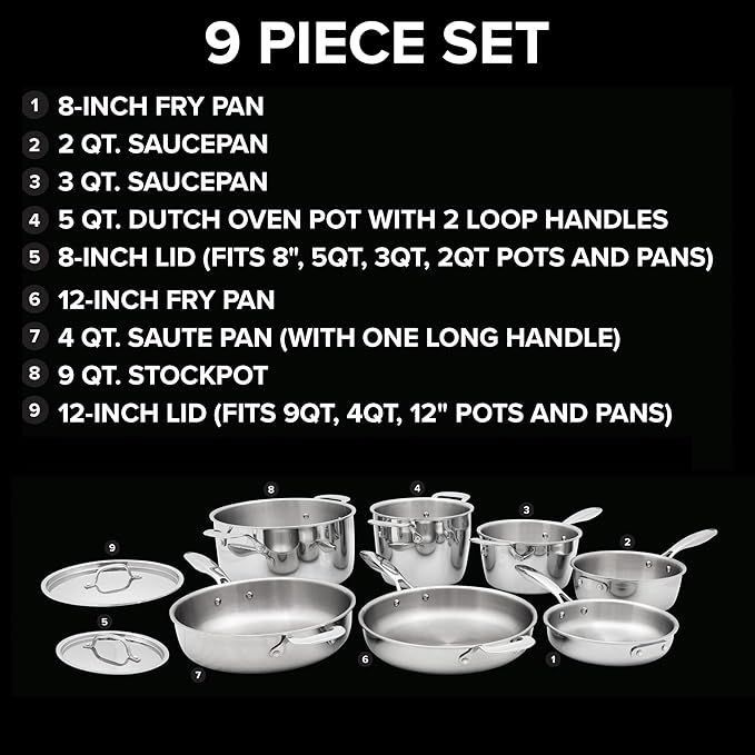 Nuwave Stainless Steel 9-Piece Pro-Smart Cookware Set, Space Saving Nestable Design, Heavy-Duty Tri-Ply, Dishwasher & Oven Safe, Ergonomic Stay-Cool Handles, Induction-Ready & Works on All Cooktops