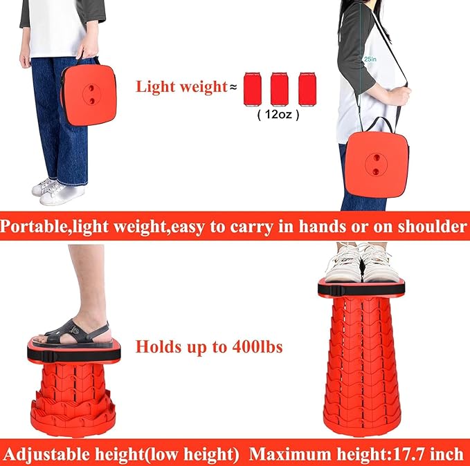 Fishboy Upgraded Square Collapsible Stool, 400lbs Max Weight, Lightweight But Sturdy, Portable Retractable Folding Telescoping Foldable Camping Stool for Adults Outdoor Fishing Hiking Travel BBQ