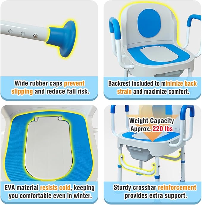 Lumizone Portable Toilet Chair for Elderly Adjustable Bedside Commode with Armrests & Sliding Bucket 5-Level Height Odor-Proof Double Lid Non-Slip Feet Supports 220 lbs, Lightweight for Home/Travel