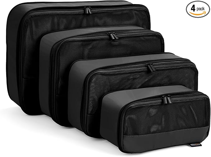 4 Piece Compression Packing Cubes for Suitcases and Backpack, Lightweight Travel Organizers (Black)