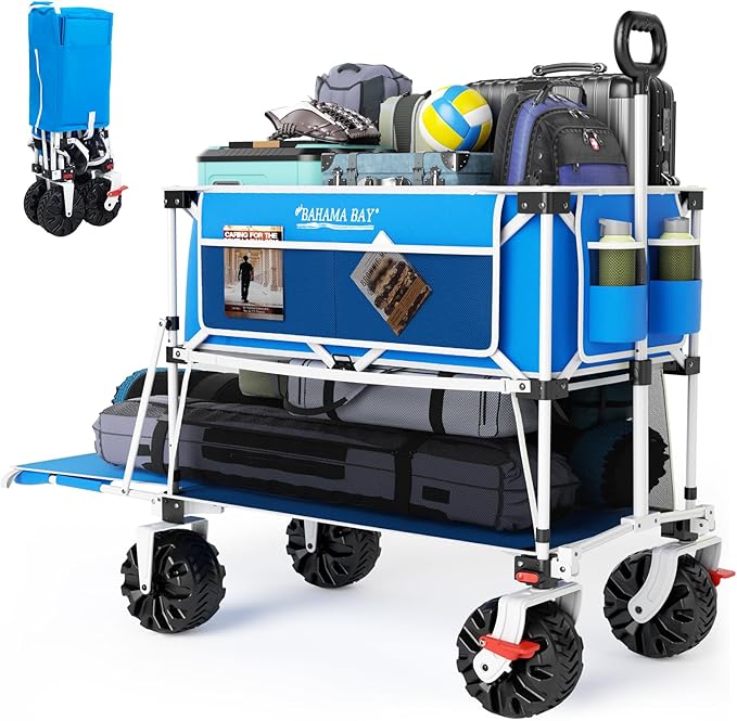 400L Collapsible Double Decker Beach Wagon with Brakes, Folding Beach Cart with 54" Extra Long Decker, 450LBS Heavy Duty Wagon Chart with All-Terrain Big Wheels for Sand Camping Garden