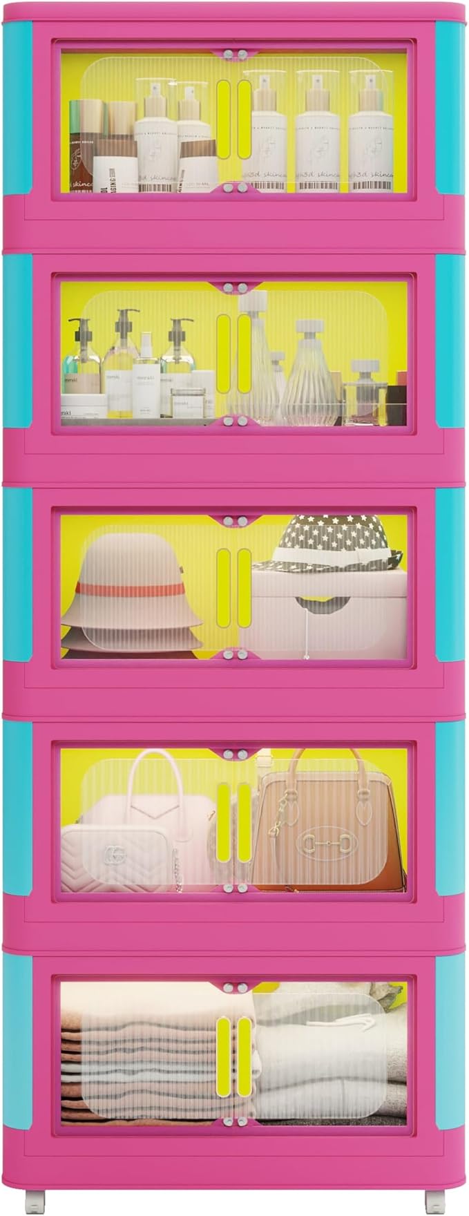 Holaki 195 QT Storage Bins with Lid, 5 Tiers Stackable Plastic Storage Bins Cabinet Box Collapsible Closet Organizers with Wheels and Magnetic Door for Princess Room, Girl(Colorful)