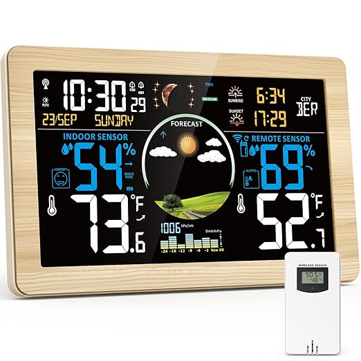 Weather Station Wireless Indoor Outdoor, Digital Thermometer, 7.5'' VA Display Home Weather Stations, Accurate Temperature Humidity Gauge with Weather Forecast, Atomic Clock,Khaki