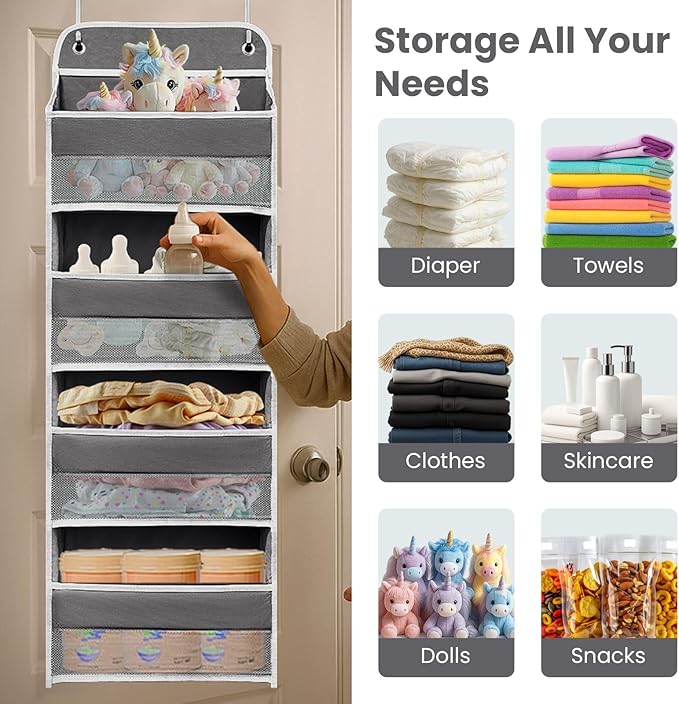 Kitchen Organizers and Storage with 4 Side Mesh Pockets, 44lb Weight Capacity Hanging Behind The Door Storage Suitable for Storing Toys, Shoes, Towels, Dark Grey, 4 Shelf