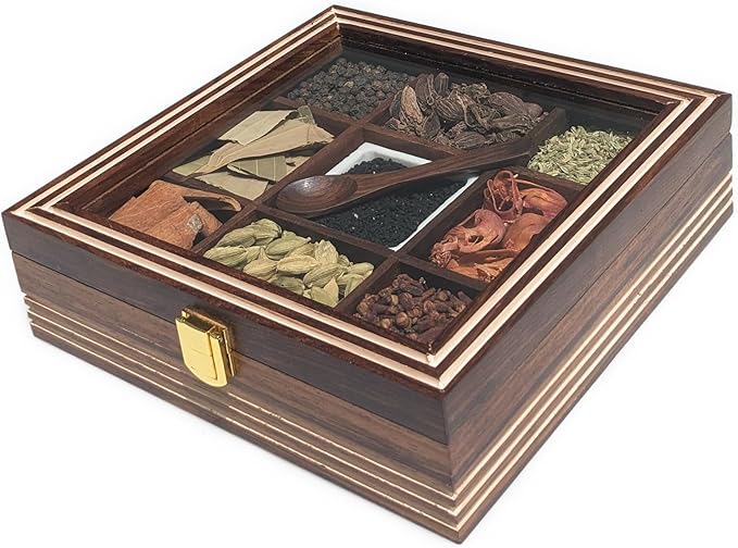 Wooden Spice Box with lid and Spoon - 9 spice compartments including with 1 removable Ceramic Container Good for Storing Salt - Tabletop Kitchen Spice Organizer for Masala and Herbs