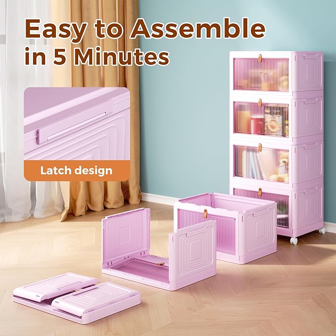 4 Tier Stackable Plastic Storage Bins with Lid and Wheels - 23 QT Closet Organizers and Foldable Storage Containers, Organization Boxes for Craft, Home, Pantry, Dorm, Pink