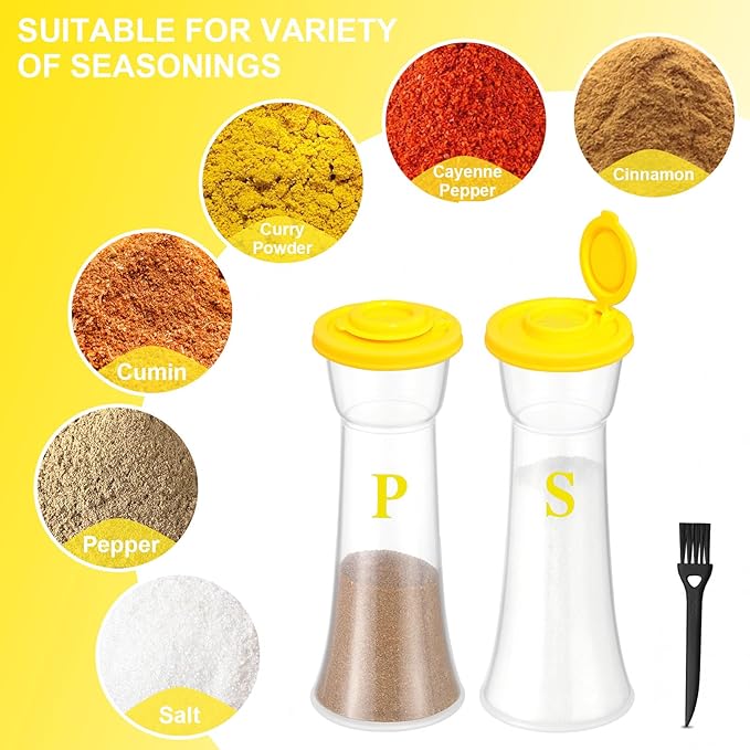 Set of 2 Clear Salt and Pepper Shakers, Plastic Spice Jars with Colorful Lids, Leakproof Moisture-Proof for Home Kitchen Restaurant, Camping, Travel, Picnic (Yllow)
