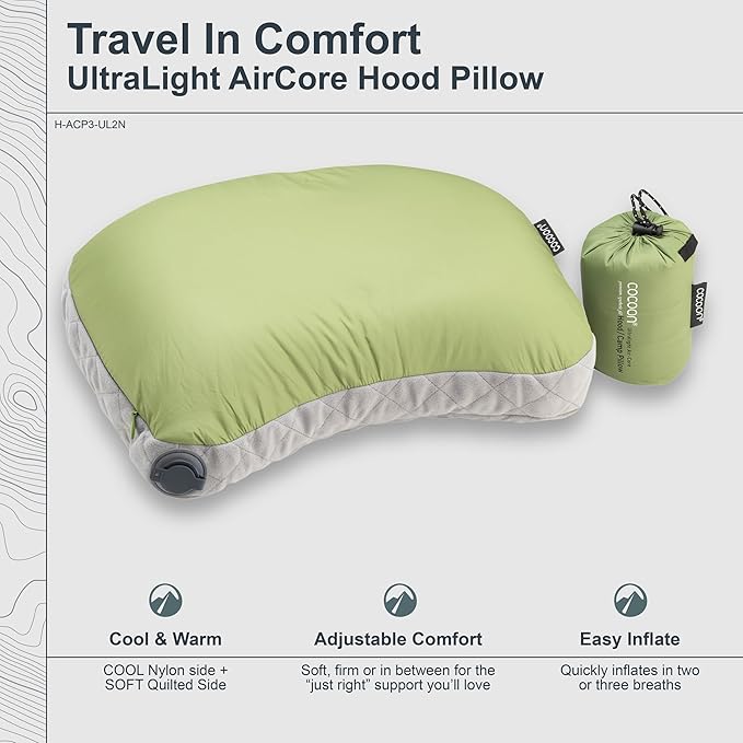 COCOON- Premium - Ultralight Inflatable AirCore Shaped Pillow - Washable Travel Air Pillows for Camping, Hiking, Backpacking (Regular 11" x 15")
