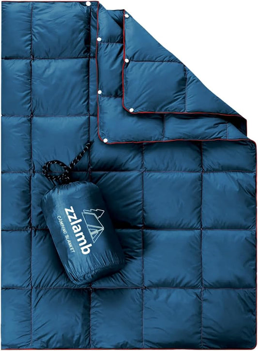 zzlamb Puffy Down Camping Blanket Water-Repellent, Down Throw Travel Blanket Portable for Outdoor, Light Warm Quilt for Couch Plane Car Theater Stadium Picnic RV Backpacking Hammock