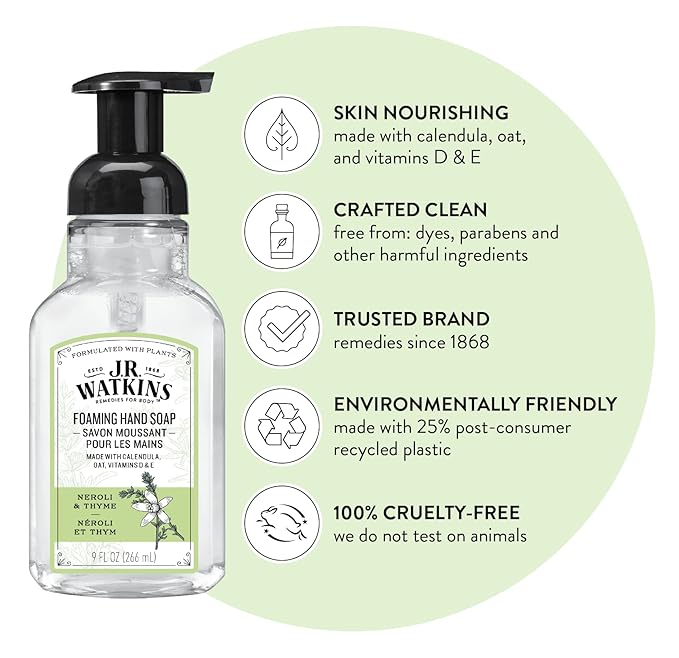 J.R. Watkins Foaming Hand Soap with Pump Dispenser, Moisturizing Foam Hand Wash, All Natural, Alcohol-Free, Cruelty-Free, USA Made, Neroli & Thyme, 9 fl oz, 3 Pack